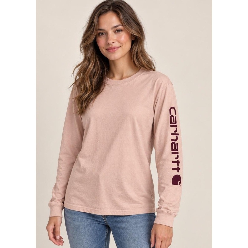 Carhartt Graphic T-Shirt Women Medium Pink Excellent Long Sleeve Loose Fit Logo